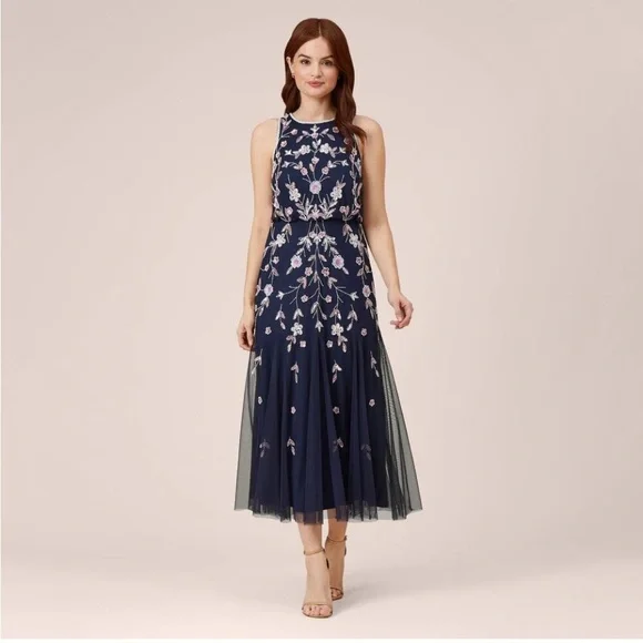 floral beaded blouson tea length dress in navy blush Petite Tea Length Mesh Sequin Blouson Dress – S.L. Fashions main image 0